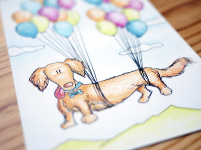 Wandering Poste: Postcard #004 balloons dog flying illustration postcard