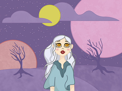 girl in the field blonde clouds dress girl girl illustration illustration in the field midnight moon mystic night planets sky trees vector web
