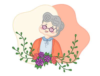 Grangma cardigan flat flowers glasses grandmother granny gray haired green happy illustration old age vector