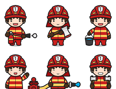 Cute fire fighter illustration animation cartoon chibi cute extinghuiser fighter fire fireman flat helmet illustration mascot red uniform