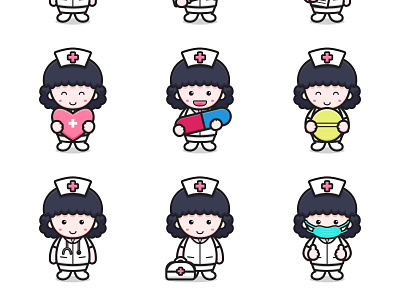 Set of cute nurse character cartoon icon vector illustration