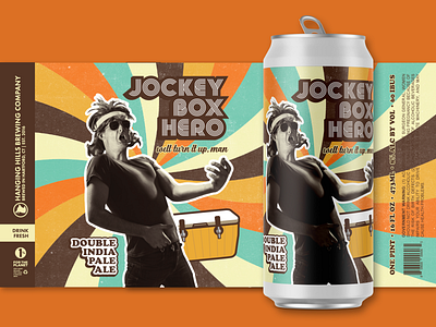 Jockey Box Hero Double IPA 70s rock air guitar ale beer beer art beer branding beer can art beer label beer label design beer labels beer packaging branding design can art craft beer design ipa orange package design packaging rock and roll