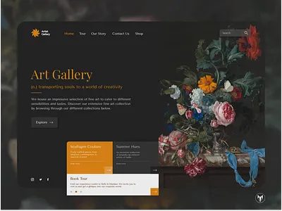 Art Gallery Landing Page Design app art exhibition art gallery artist contrast dark theme dark ui dashboard design flowers homepage illustration landing page logo painting sculpture typography ui web website