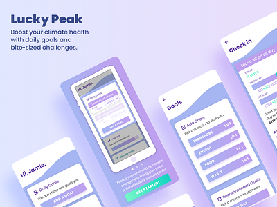 Lucky Peak - A daily climate goal tracker app branding clean climate design figma flat gradient graphicdesign onboarding pastel personal tracker ui uidesign uiux userinterface uxdesign