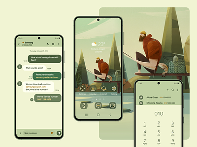Spring Cleaning - Eco Galaxy Theme android animal app calling character fisherman fishing forest galaxy illustration messaging mobile retro river samsung sustainability texture theme ui wallpaper