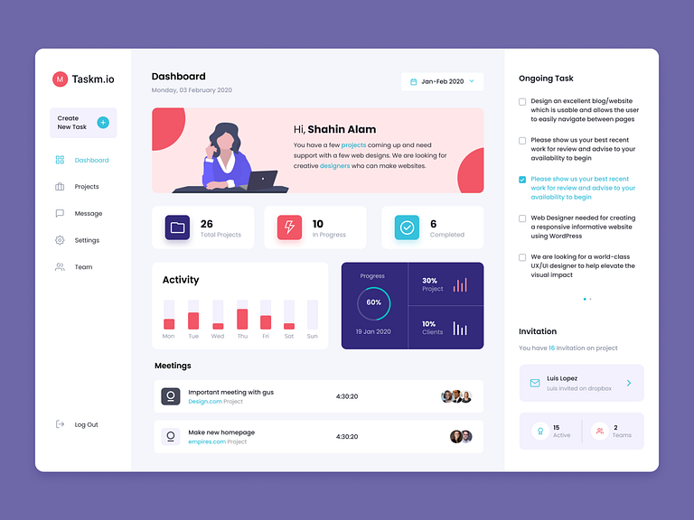 Project Management dashboard by Md Shahin Alam 🔥 on Dribbble