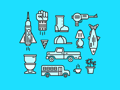 Favorite Objects Icons bus free icon iconography pizza raygun set spaceship tea toilet truck