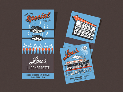 Lou's Luncheonette - Matchbooks california chicken design diner fire illustration matchbook matches nicola broderick signage