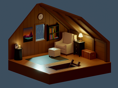 Cozy Attic 3d 3d art blender diorama home interior isometric lowpolyart nighttime nook rain