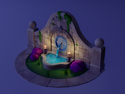 Courtyard Fountain 3d art blender3d diorama fantasy fountain lowpolyart night stylized