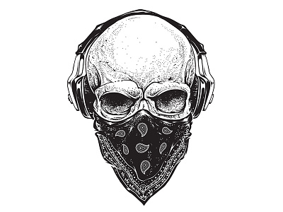 Skull with Headphones art bandana black dotwork gangster headphones illustration music skull vecster vector