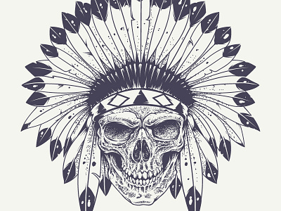 Skull with Indian Feather Hat art dotwork engraving grunge illustration indian skull vecster vector