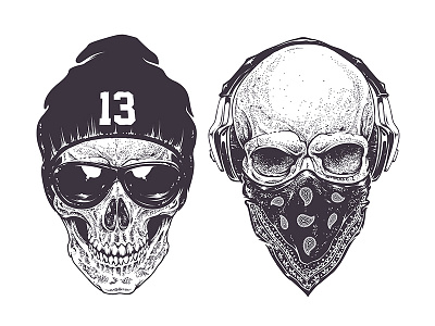 Street Style Skulls art bandana dotwork headphones hip hop illustration music print skull tattoo vecster vector
