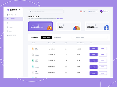 Lend and earn crypto dashboard crypto app dashboard lend and earn crypto ui ui design