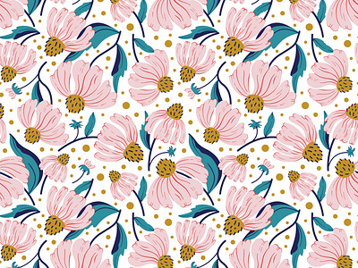 Floral seamless vector pattern with pink wildflower