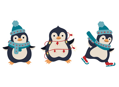 Cute penguins in warm clothes animal christmas cute hand drawn illustration penguins vector