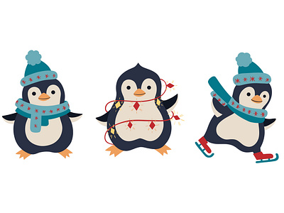 Cute penguins in warm clothes