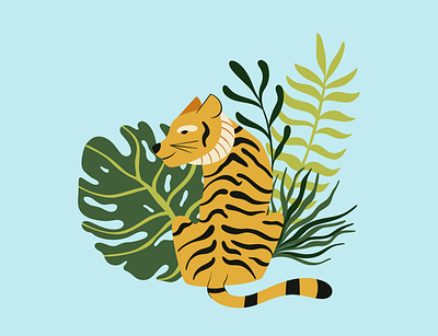 Vector cute tiger with tropical leaves animal cute illustration jungle tiger tropical leaves vector