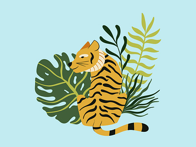 Vector cute tiger with tropical leaves