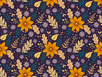 Floral seamless pattern with fall leaves and colorful flowers autumn background design fall flower leaves pattern seamless vector