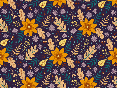 Floral seamless pattern with fall leaves and colorful flowers