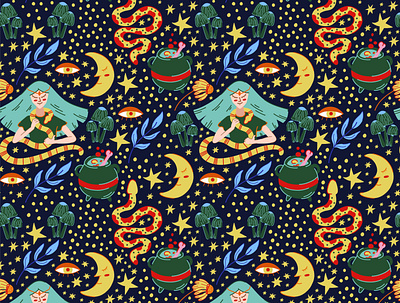 Witch with snake, mushrooms and moon seamless pattern background halooween mystic occult pattern seamless snake vector witch