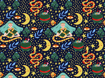 Witch with snake, mushrooms and moon seamless pattern