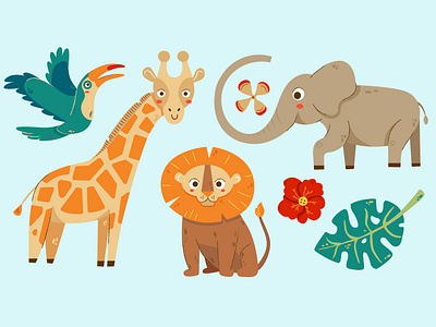 Jungle animals cute elephant illustration jungle kids lion toucan vector