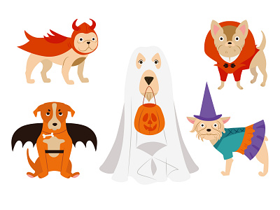 Cute Dogs in Halloween costumes set animals characters costume cute dog funny ghost halloween illustration vector witch