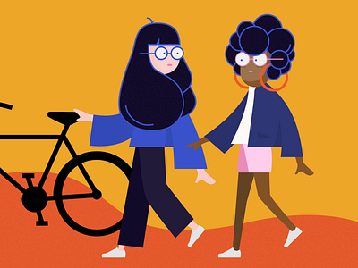 Big Hair Girls Walking with Bicycle characters flat flat design fun girls illustration scene simple vector walking web