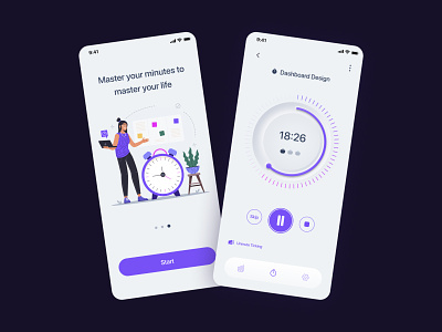 Pomodoro App / Time Management app application clean ui clock focus mobile app mobile ui neumorphism organizer pomodoro pomodoro app productivity app purple schedule time time management time manager timer to do ui design