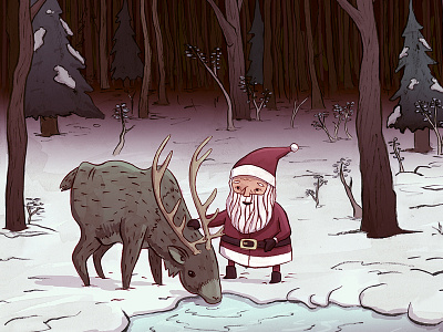 Santa and reindeer christmas christmas card forest greeting card holidays illustration reindeer santa snow winter