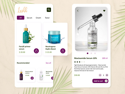 Lushh skincare shop app design add to cart app beauty beauty app graphic design mobile mobile app modern online store product design products recommended search shopping shopping app skincare skincare app ui ux website