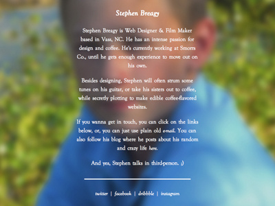 Stephen Breagy personal site bio blur clean elegant personal site simple website