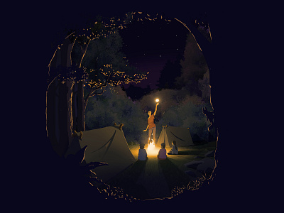 Campfire tale bonefire branding camp campfire camping children design fire illustration imaginary madcats nature night scenery squirrel stars stories trees vector