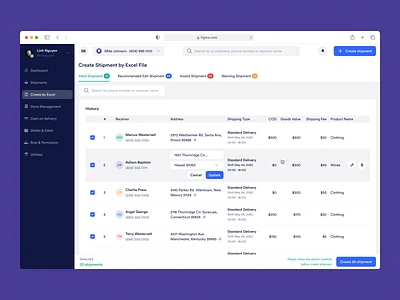 Delivery Service - Create Shipment by Excel File delivery edit inline logistic product shipment shipping table ui ux web