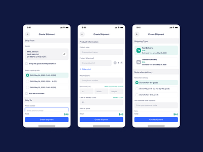 Delivery Service App - Create Shipment delivery logistic mobile product shipment shipping ui ux