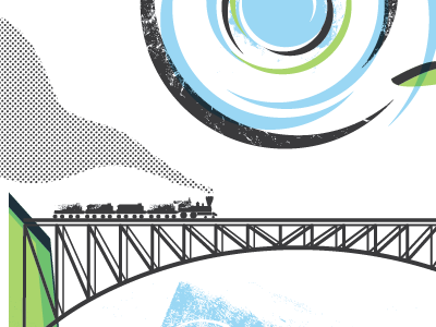 Train landscape bridge clouds halftone modern screenprint texture train