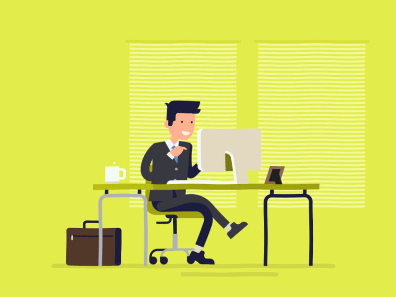 Busy Guy 2d animation business character coffee computer desk head office rig rotation typing