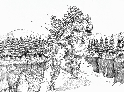 Earth awakening earth illustration ink ink on paper monster nature pines woods