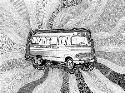 Psychedelic bus art bus design illustration ink on paper psychedelic art