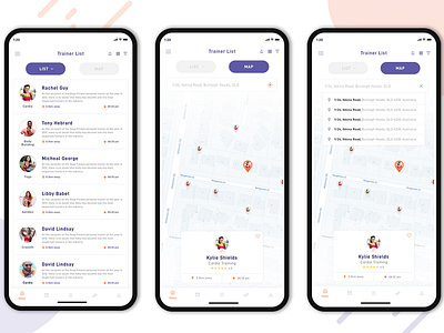 trainers lists app branding creative agency find trainer illustration location mark map mobile mobile app mobile ui sandip godhaniya trainer trainers list training ui design uidesign ux vector
