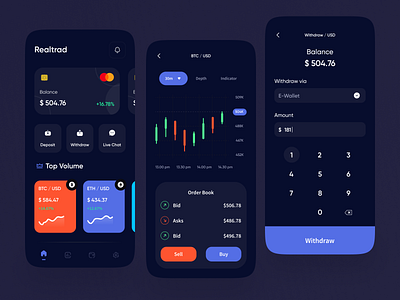 Trading Cryptocurrency Mobile App Exploration apps bitcoin candlestick card charts cryptocurrency dark mode dark theme graphic keyboard mobile mobile app mobile app design mobile design mobile ui statistics trade trading ui ux