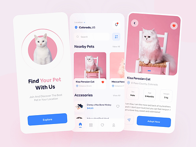 Adopt Mobile App 🐱 adopt animals animation app button card cats clean interaction minimal mobile mobile app mobile design mobile ui pet shop pets principle prototype ui ux