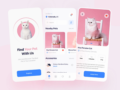 Adopt Mobile App 🐱 adopt animals animation app button card cats clean interaction minimal mobile mobile app mobile design mobile ui pet shop pets principle prototype ui ux