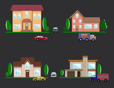 Houses, courtyards, trees, trucks and cars. architecture background building business car cars cartoon city cityscape concept construction courtyards design exterior family home flat front graphic green home