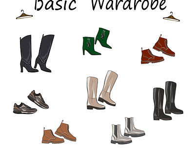 Boots, shoes, sneakers, boots, heels. basic wardrobe background boots business collection design heels leisure shoes shopping sneakers travel vector vectors wardrobe work