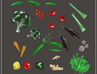 Set of fruits and vegetables. Vegan. Vector. apples bananas broccoli carrots celery collection concept design grapes greens kiwi lemons onions oranges pomegranates vector vector art vegan vegetarianism