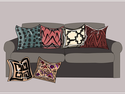 Sofas, armchairs with pillows of different colors. Vector