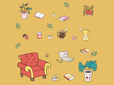 Flower in a pot, books, laptop, chair, kettle, coffee pot, m